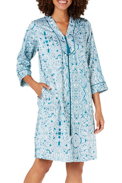 Miss Elaine Printed Brushed Back Satin Zip Robe in Jade Paisley thumbnail 1