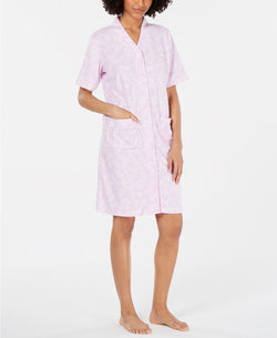 Miss Elaine Printed Brushed Terry Snap Front Robe in Lavender Vines thumbnail 2