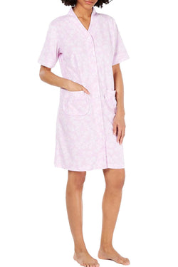 Miss Elaine Printed Brushed Terry Snap Front Robe in Lavender Vines thumbnail 1