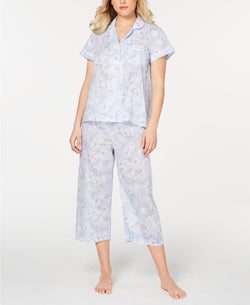 Miss Elaine Printed Cotton Notch Collar Top And Cropped Pant Pajama Set in Blue Floral thumbnail 2