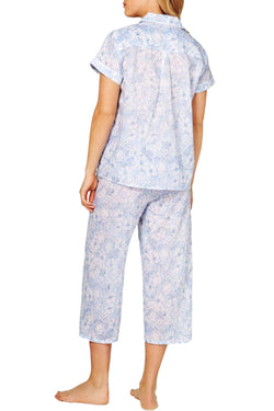 Miss Elaine Printed Cotton Notch Collar Top And Cropped Pant Pajama Set in Blue Floral thumbnail 4