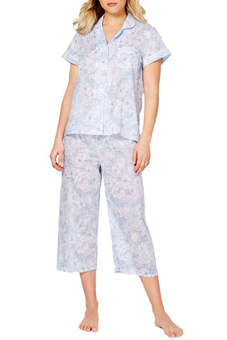 Miss Elaine Printed Cotton Notch Collar Top And Cropped Pant Pajama Set in Blue Floral