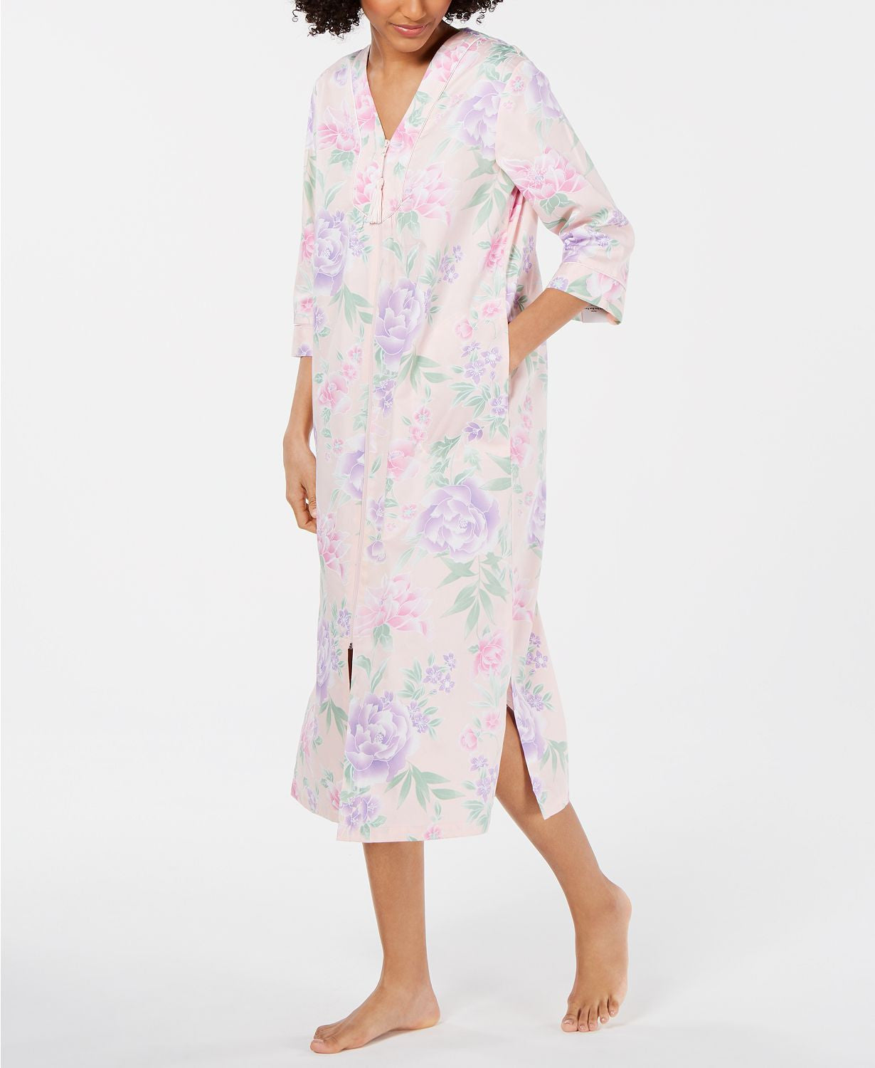 Miss Elaine Printed Cotton Sateen Long Zip Robe in Pink/Violet Floral