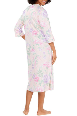 Miss Elaine Printed Cotton Sateen Long Zip Robe in Pink/Violet Floral thumbnail 2