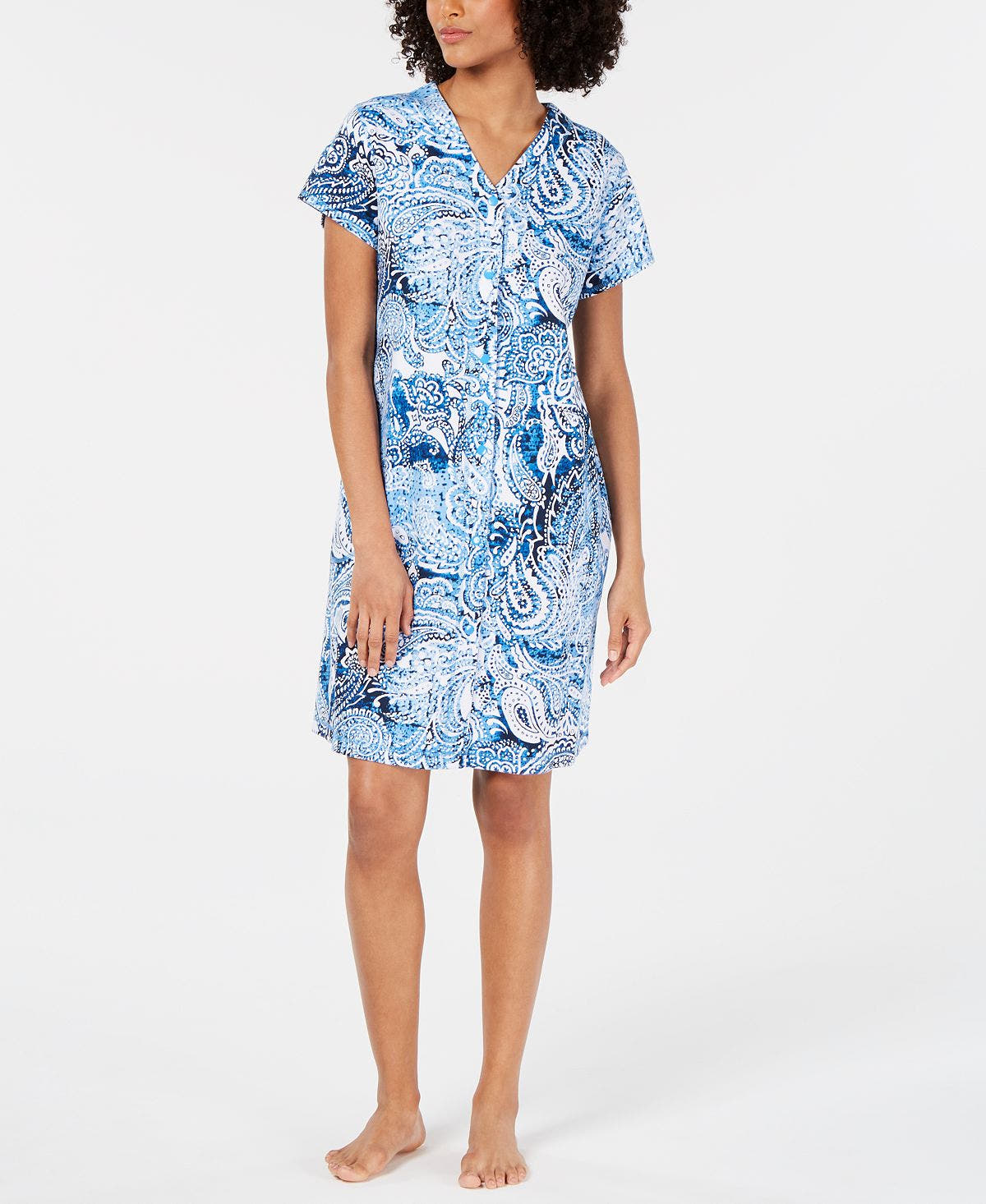 Miss Elaine Printed Knit Snap-front Robe 439 Navy Batik
