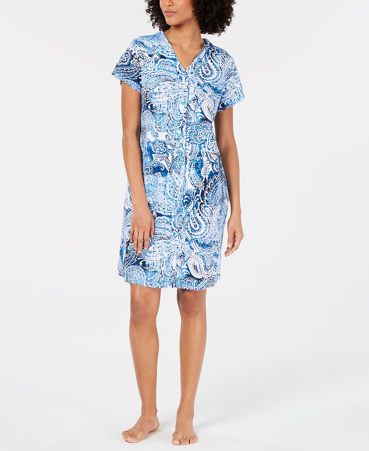 Miss Elaine Printed Knit Snap-front Robe 439 Navy Batik