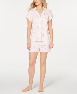 Miss Elaine Printed Notch Collar Top And Short Pajama Set in Pink Floral thumbnail 3