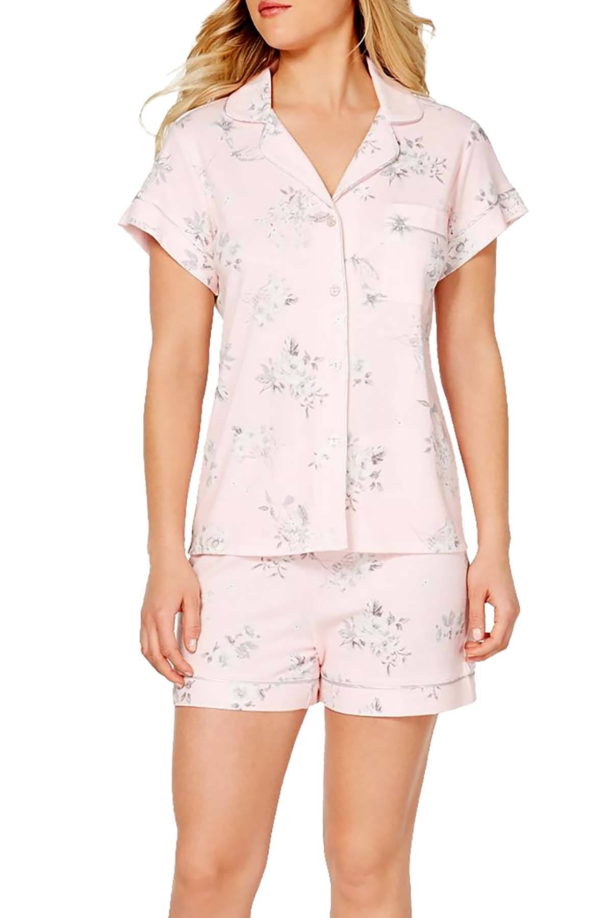 Miss Elaine Printed Notch Collar Top And Short Pajama Set in Pink Floral