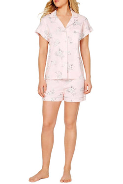 Miss Elaine Printed Notch Collar Top And Short Pajama Set in Pink Floral thumbnail 2