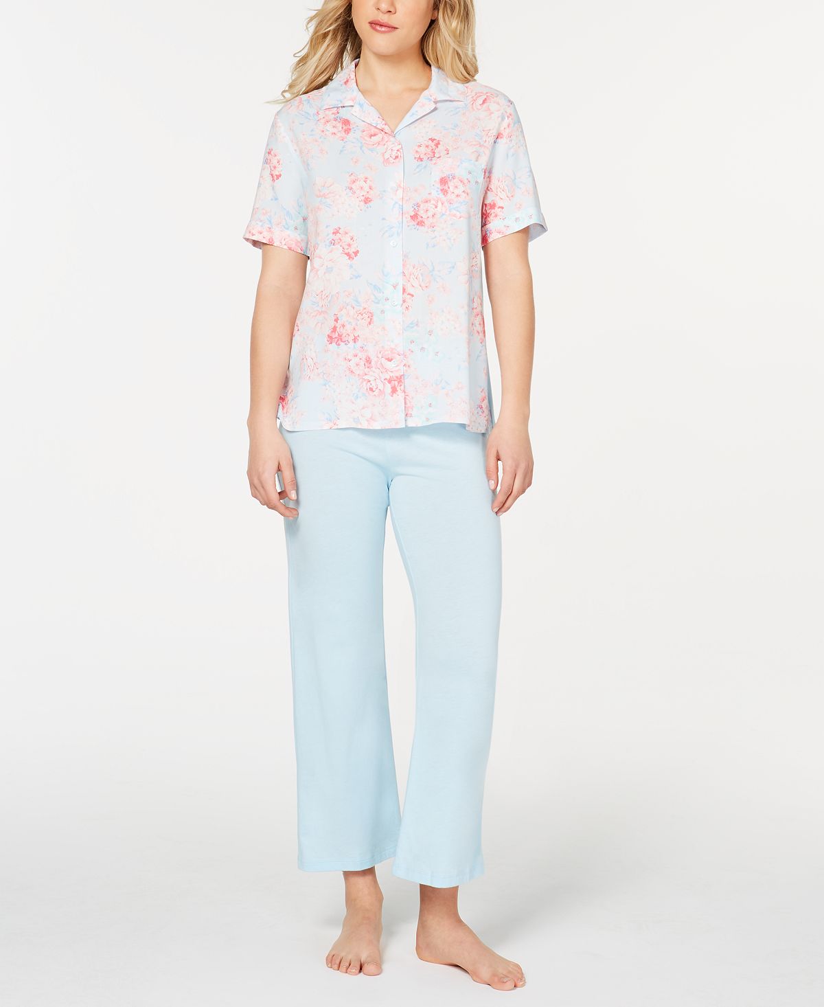Miss Elaine Printed Top And Pastel Pants Pajama Set Pink