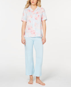 Miss Elaine Printed Top And Pastel Pants Pajama Set Pink thumbnail 1