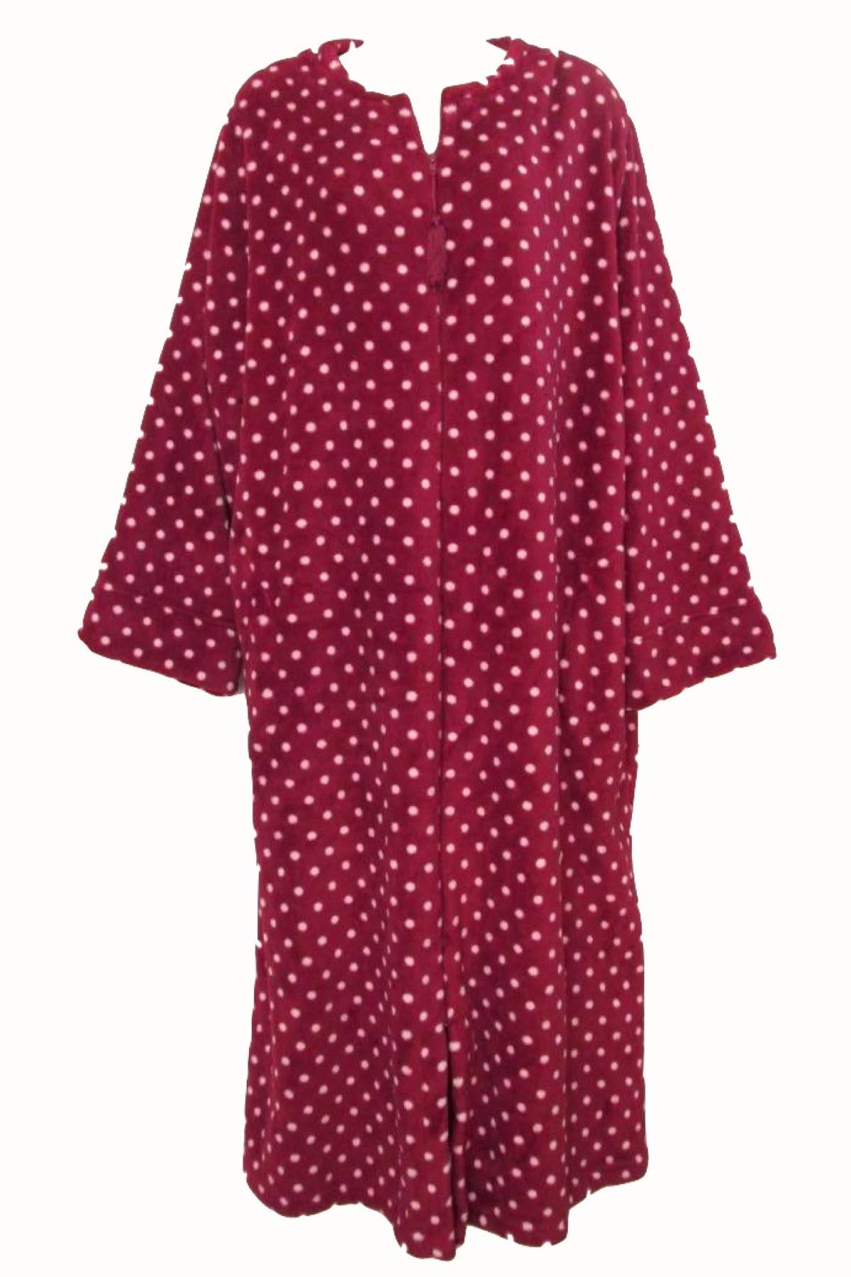 Miss Elaine Red/Pink Polka-Dot Long Fleece Zip-Up Robe