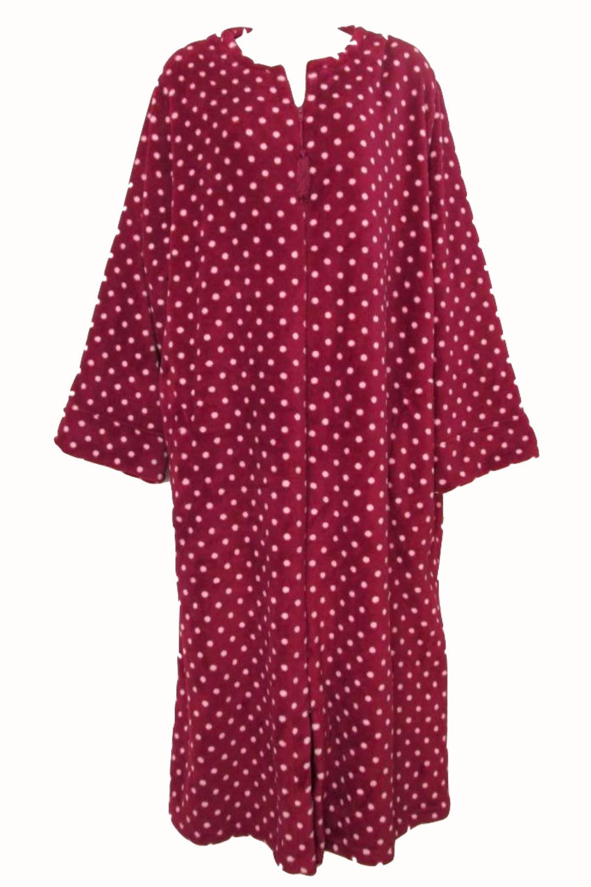 Miss Elaine Red/Pink Polka-Dot Long Fleece Zip-Up Robe – CheapUndies
