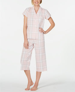 Miss Elaine Seersucker Notch Collar Top And Cropped Pant Pajama Set in Pink Plaid thumbnail 2