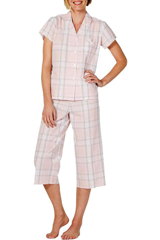 Miss Elaine Seersucker Notch Collar Top And Cropped Pant Pajama Set in Pink Plaid