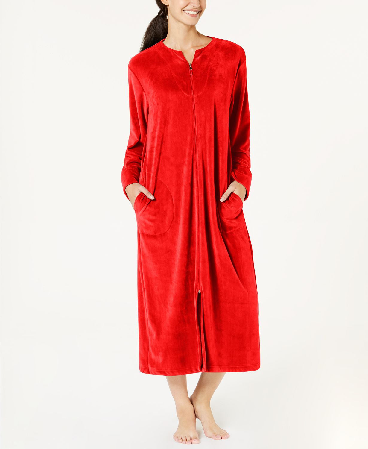 Miss Elaine Velvet Fleece Long Zip Robe in Red