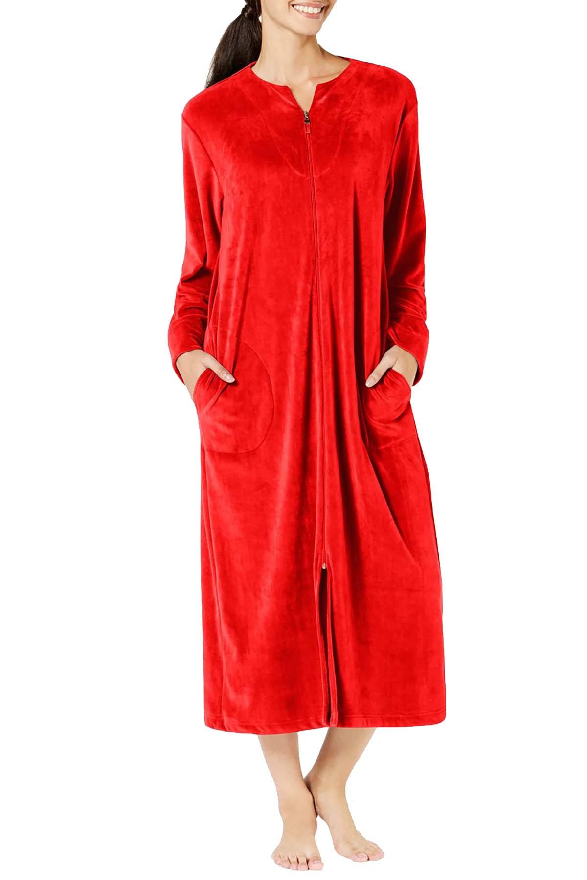 Miss Elaine Velvet Fleece Long Zip Robe in Red
