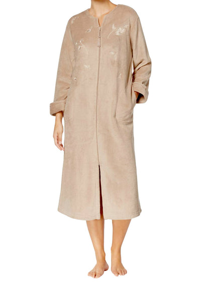 Miss Elaine Warm-Beige Embroidered Fleece Robe