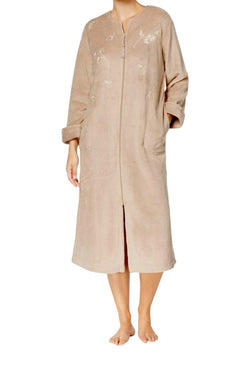 Miss Elaine Warm-Beige Embroidered Fleece Robe thumbnail 1