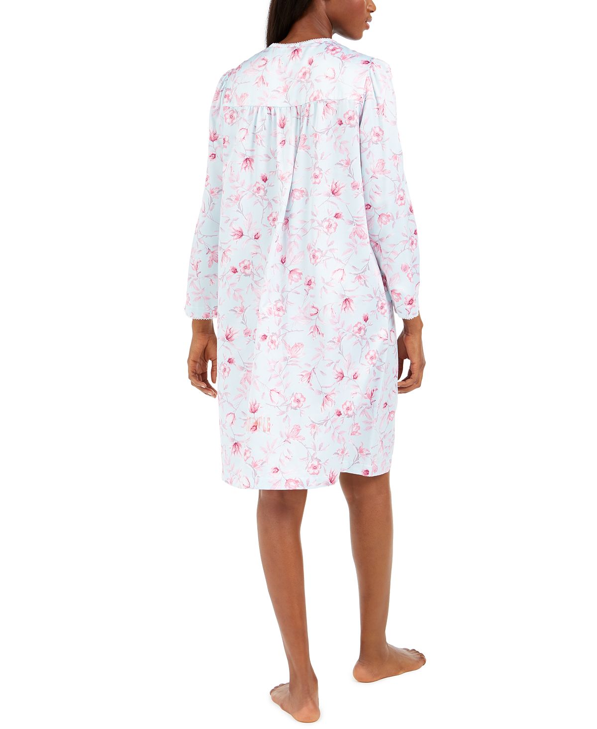 Miss Elaine Wo Brushed Back Floral-print Satin Nightgown Pink Floral Stems On Aqua