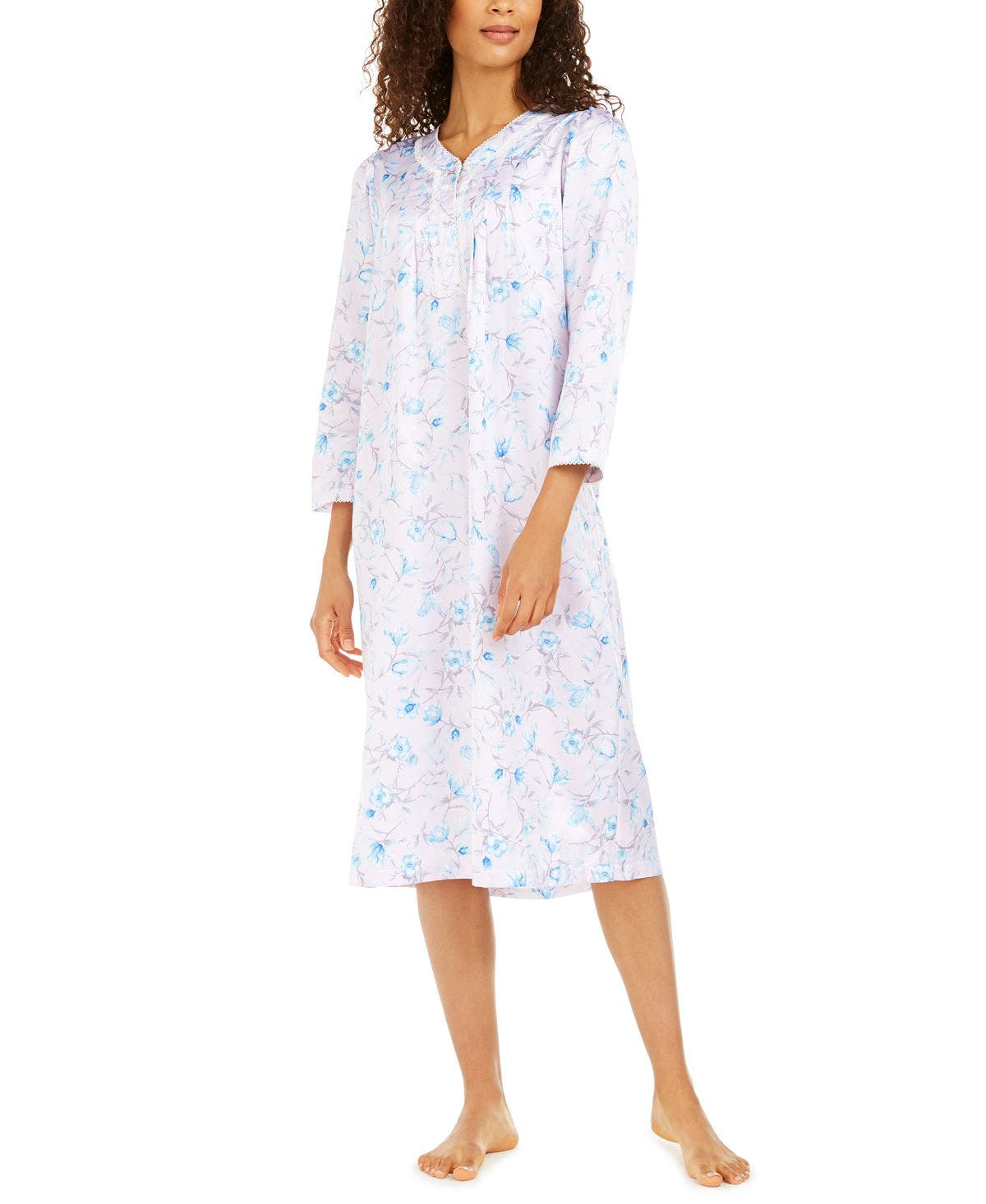 Miss Elaine Wo Brushed Back Satin V-neck Nightgown Blue Floral Stems On Pink