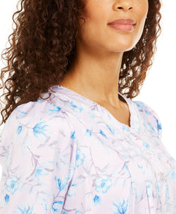Miss Elaine Wo Brushed Back Satin V-neck Nightgown Blue Floral Stems On Pink thumbnail 2