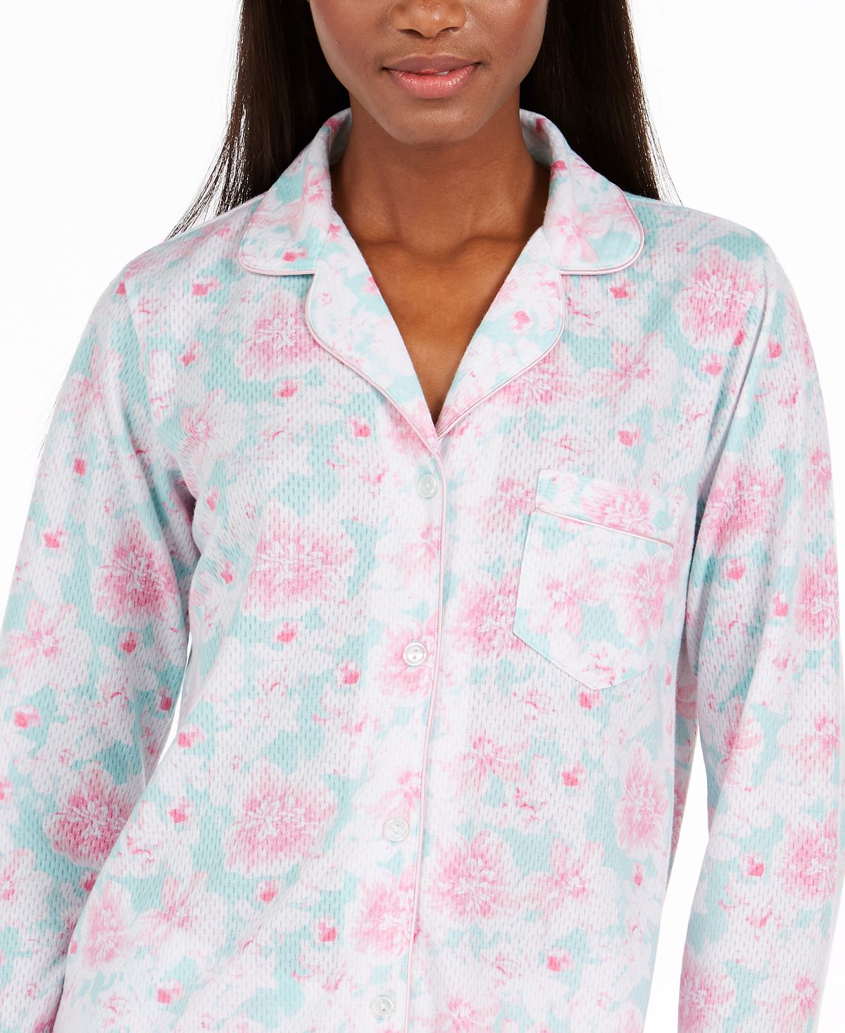 Miss Elaine Wo Floral-print Knit Pajama Set Pink / Mint Abstract Floral