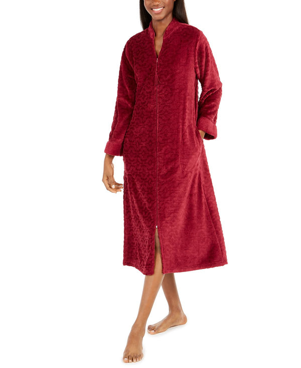 Miss Elaine Wo Jacquard Cuddle Fleece Long Zipper Robe Burgundy