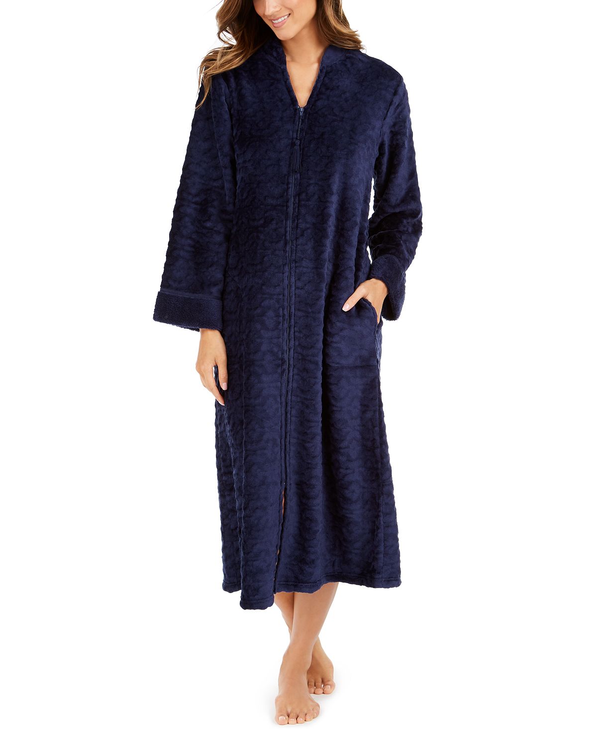 Miss Elaine Wo Jacquard Cuddle Fleece Long Zipper Robe Midnight