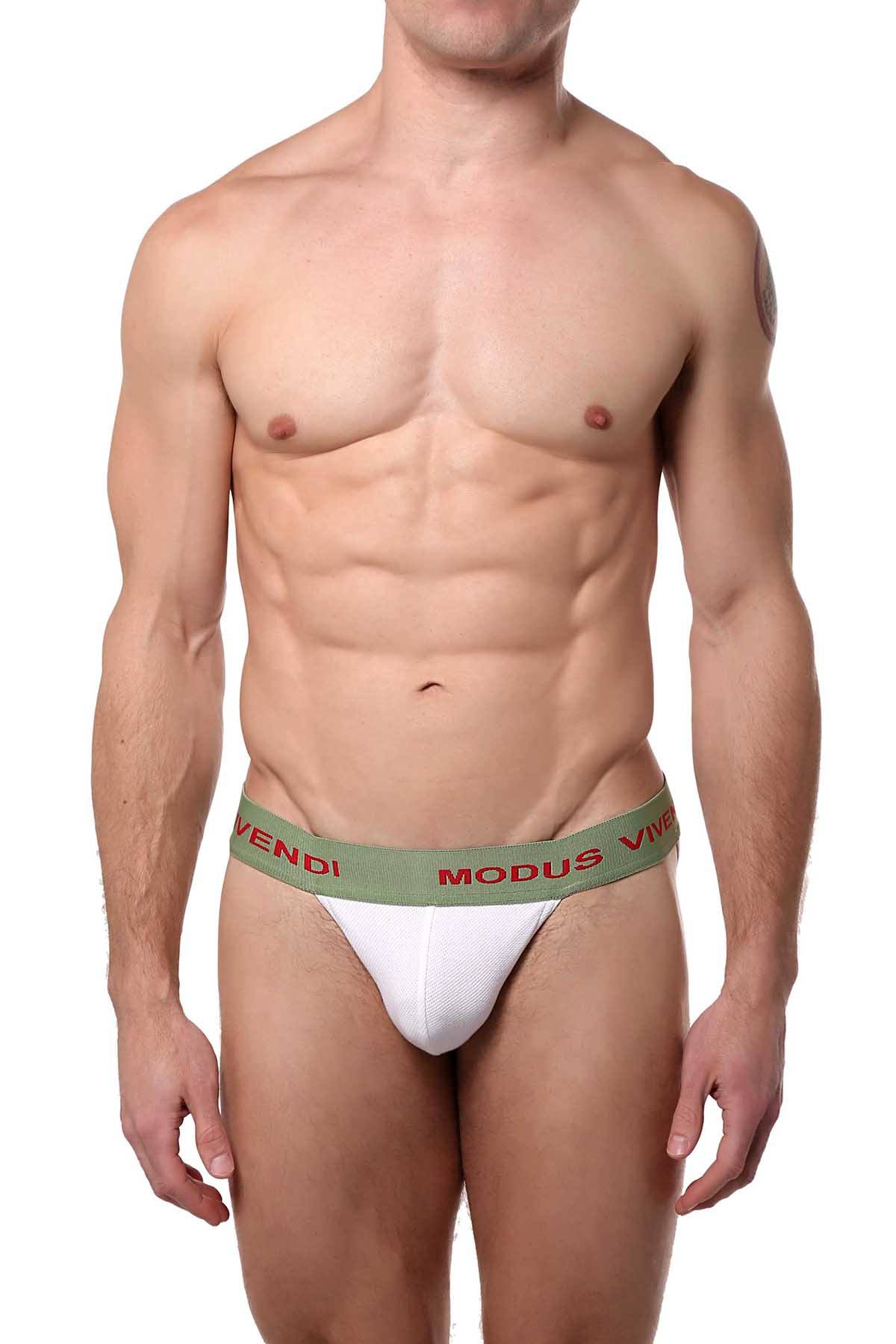Modus Vivendi for CheapUndies White/Olive-Green Tanga Brief