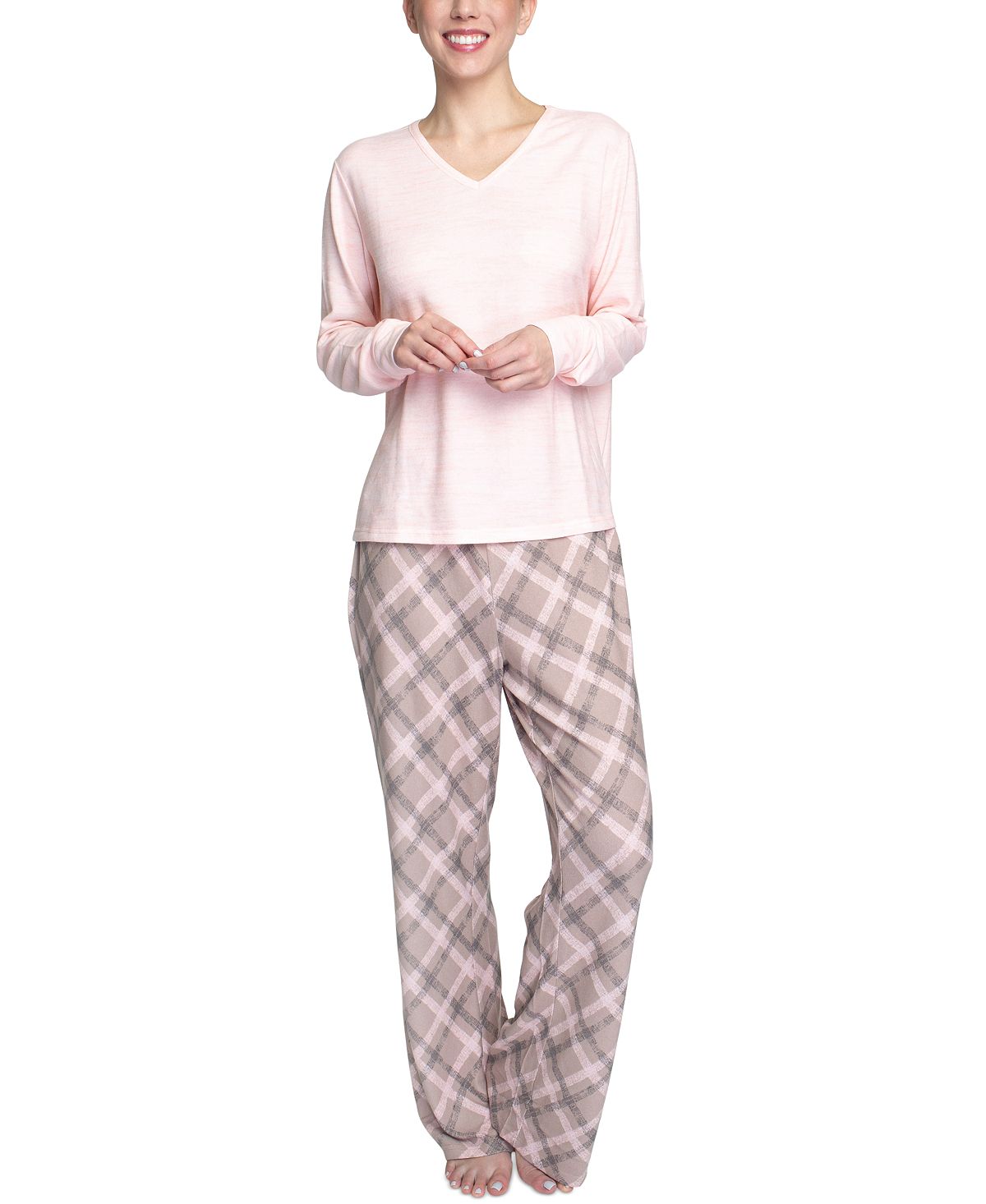 Muk Luks Butter-knit V-neck & Flare-leg Pants Lounge Set Pink Plaid