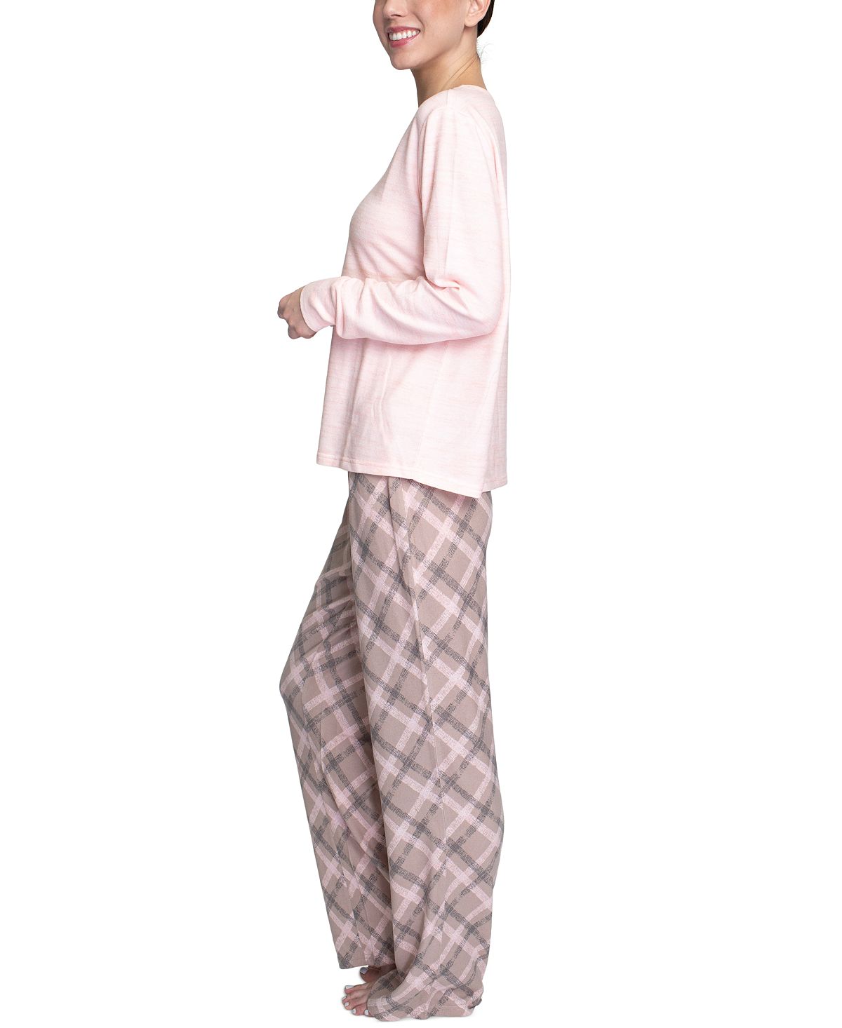 Muk Luks Butter-knit V-neck & Flare-leg Pants Lounge Set Pink Plaid