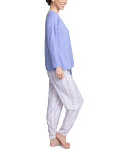 Muk Luks Cool Girl Solid Top & Printed Jogger Pants Pajama Set Purple/azt thumbnail 2