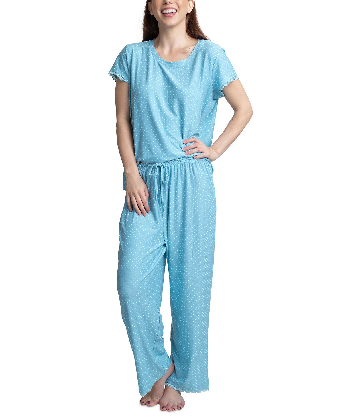 Muk Luks Lace-trim Printed Pajama Set White Dot