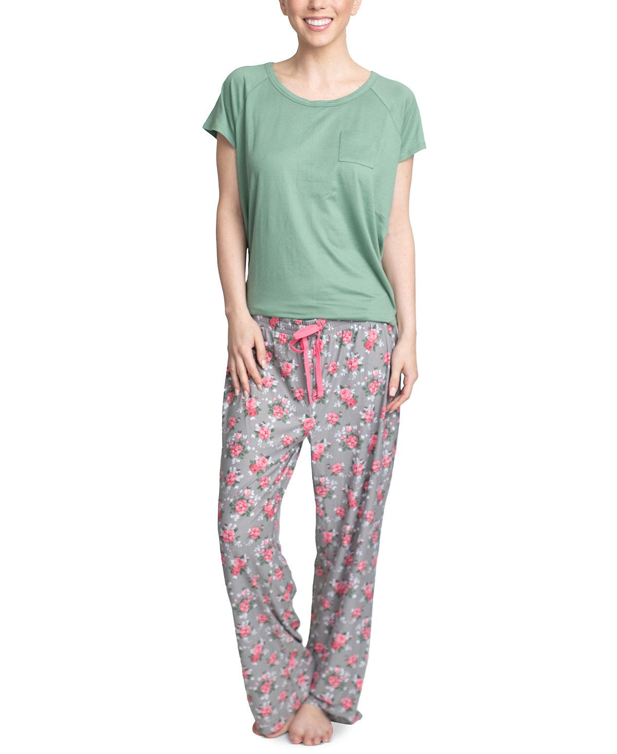 Muk Luks T-shirt & Pants Pajama Set Green And