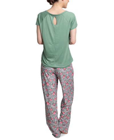 Muk Luks T-shirt & Pants Pajama Set Green And