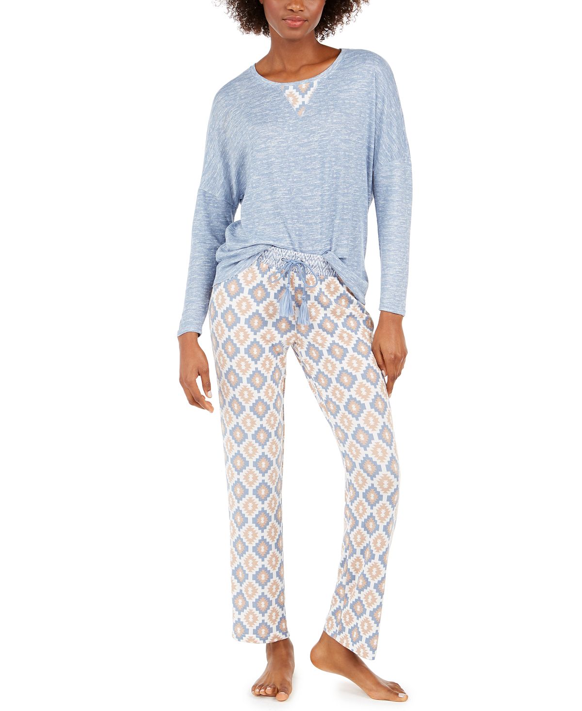 Muk Luks Wo Heathered Top & Printed Pants Pajama Set Ivo/bue Geo