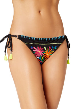 Nanette By Nanette Lepore Isla Marietas Embroidered Sidetie Bikini Bottom in Black thumbnail 1