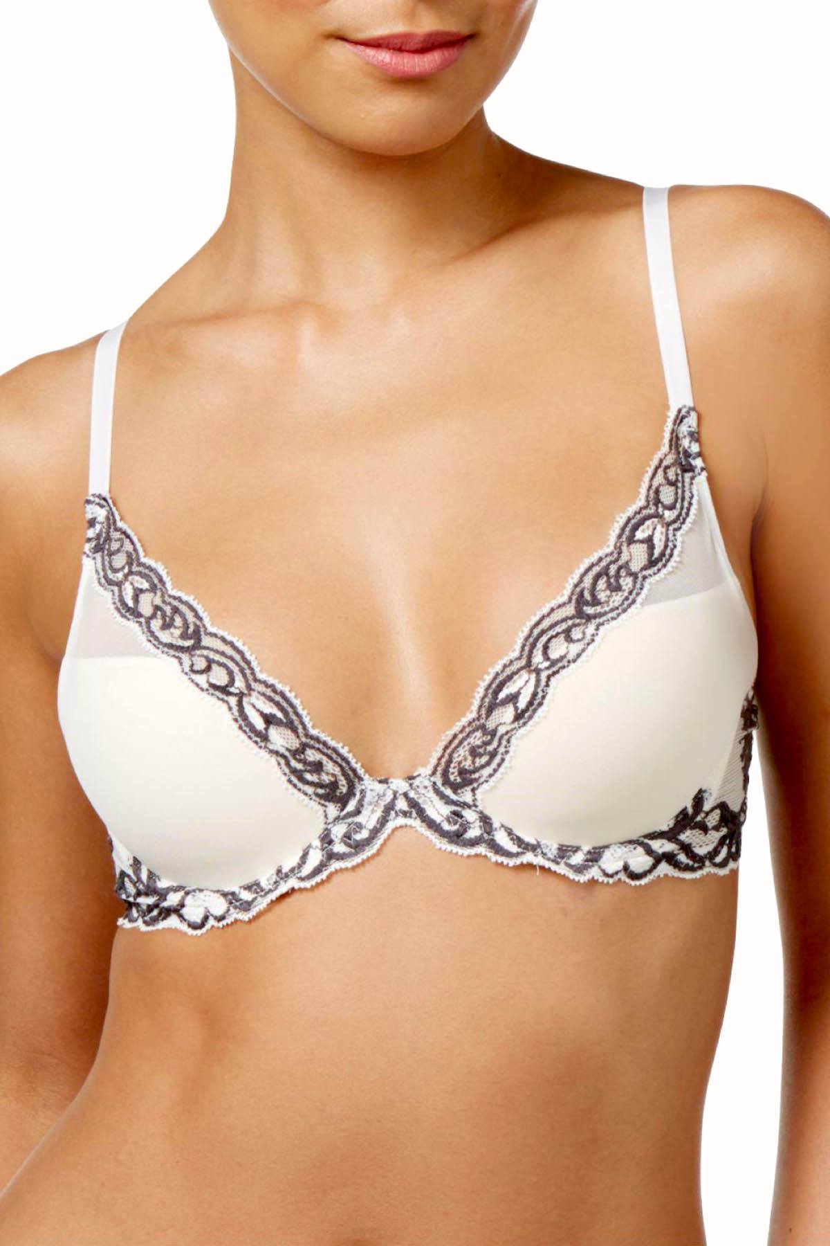 Natori Bridal-Blush/Iron-Grey Feathers Lace Contour Plunge Bra