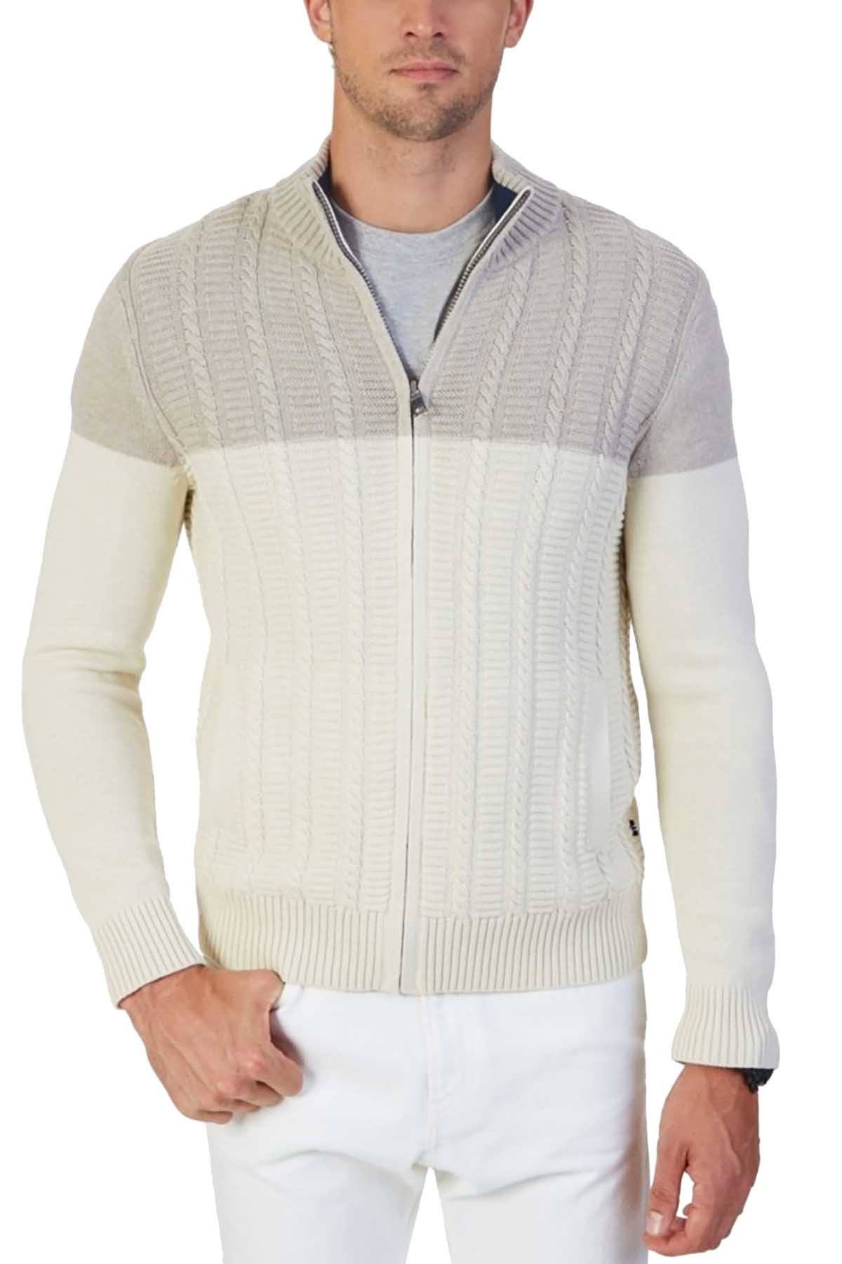 Nautica Bone-White Cable-Knit Two-Tone Full-Zip Sweater