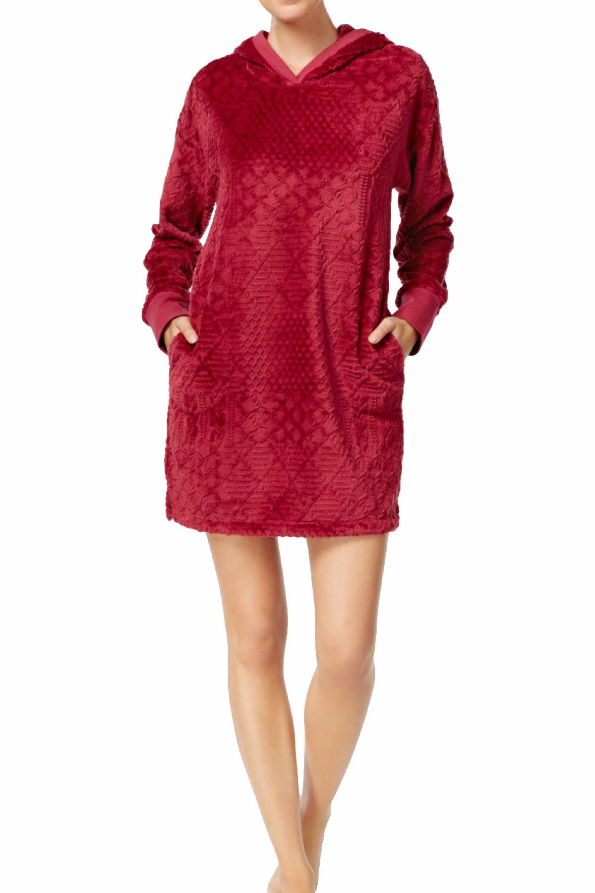 Nautica Burgundy Plush Textured Hooded Lounge Dress