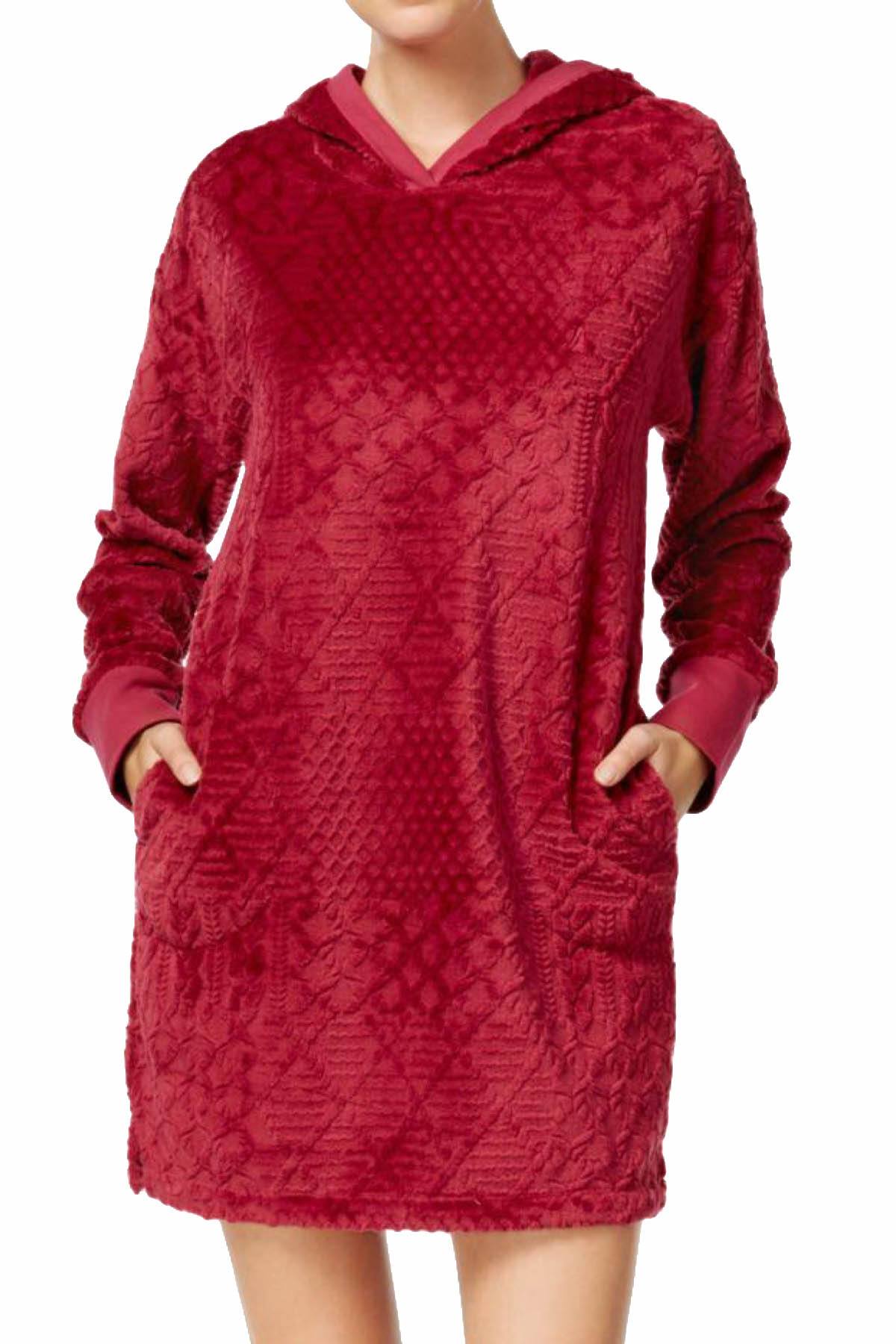 Nautica Burgundy Plush Textured Hooded Lounge Dress