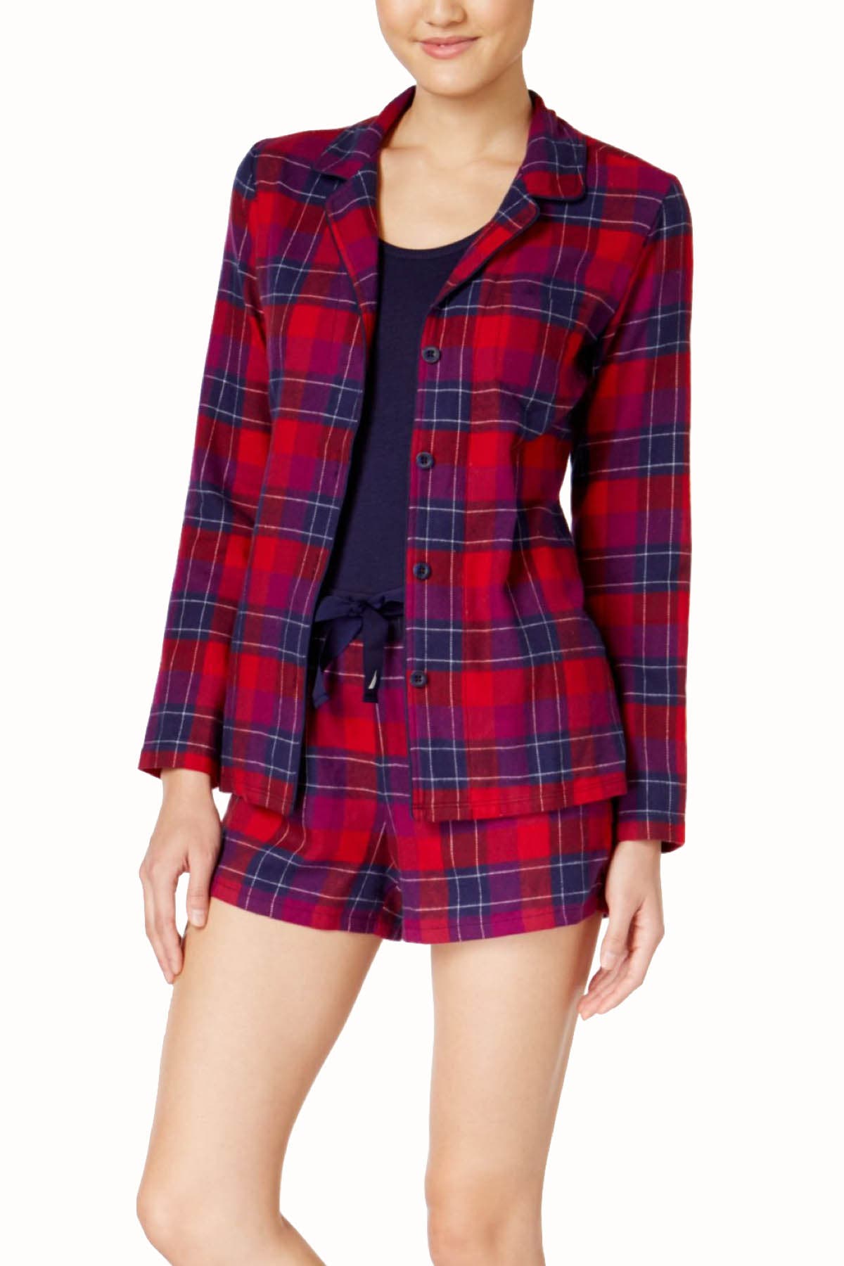 Nautica Red/Navy Plaid Button-Front Shirt, Tank-Top & Sleep Short 3-Piece Set