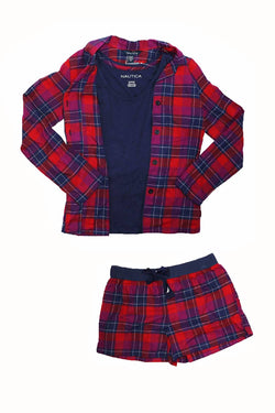Nautica Red/Navy Plaid Button-Front Shirt, Tank-Top & Sleep Short 3-Piece Set thumbnail 3