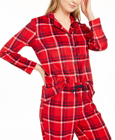 Nautica Wo Velour Notch-collar Plaid Pajama Set Online Only Red Plaid