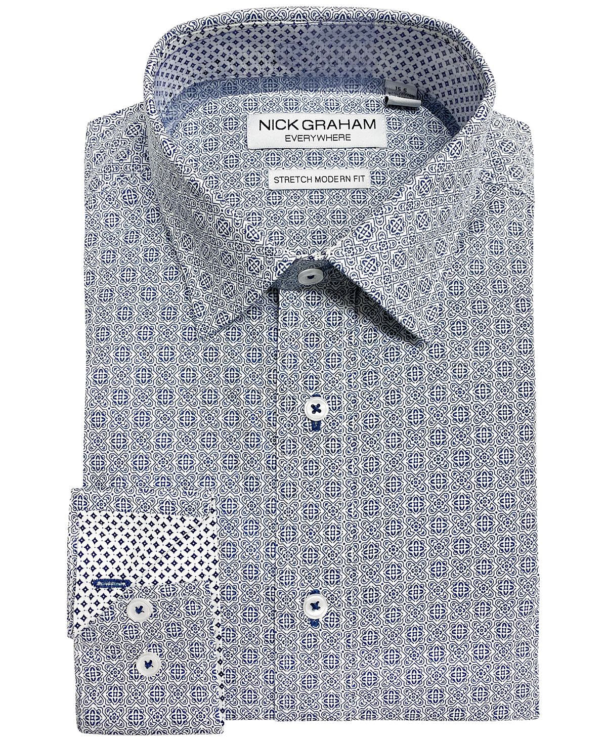Nick Graham Modern-fit Stretch Floral Mosaic Tile Print Dress Shirt Mosaic Blue