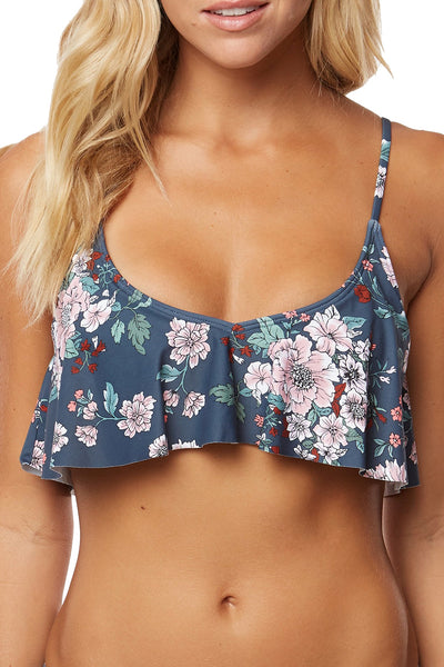 O'Neill Deep Teal Floral Print James Flounce Bikini Top