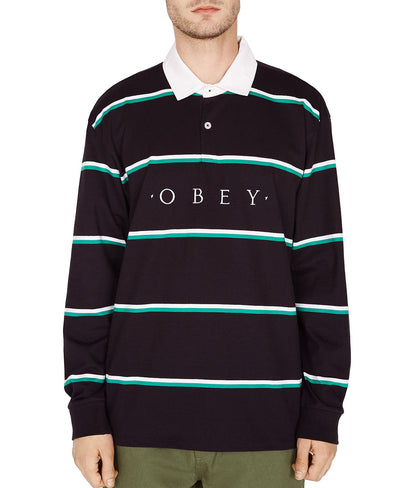 Obey Washer Long-sleeve Striped Classic Fit Polo Shirt Black