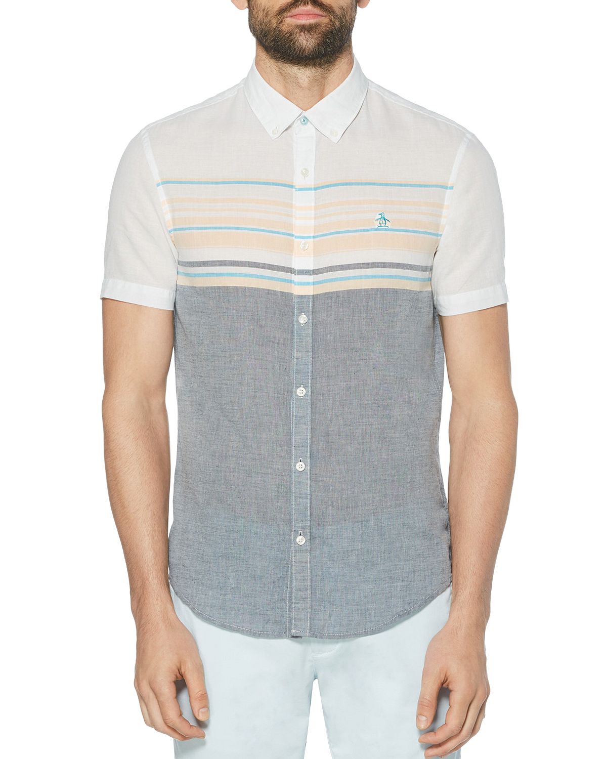 Original Penguin Cotton-blend Color-blocked Engineered Stripe Slim Fit Button-down Shirt Ballad Blue