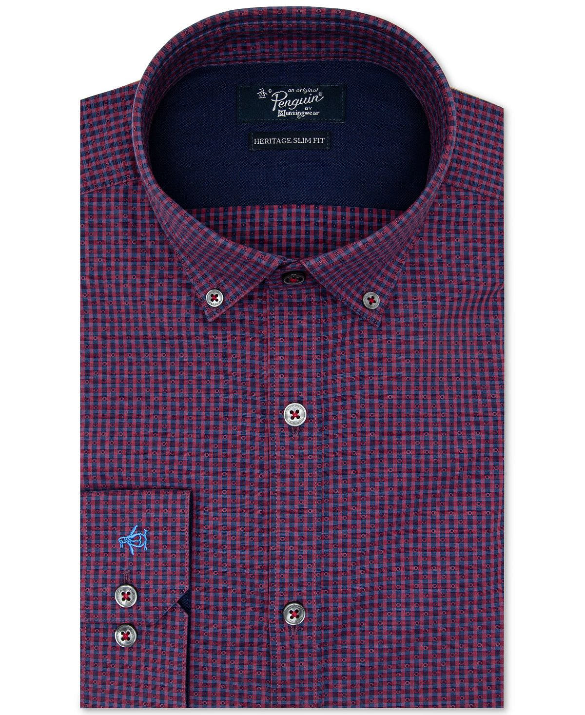 Original Penguin Heritage Slim-fit Performance Stretch Dot Check Dress Shirt Dark Red Check